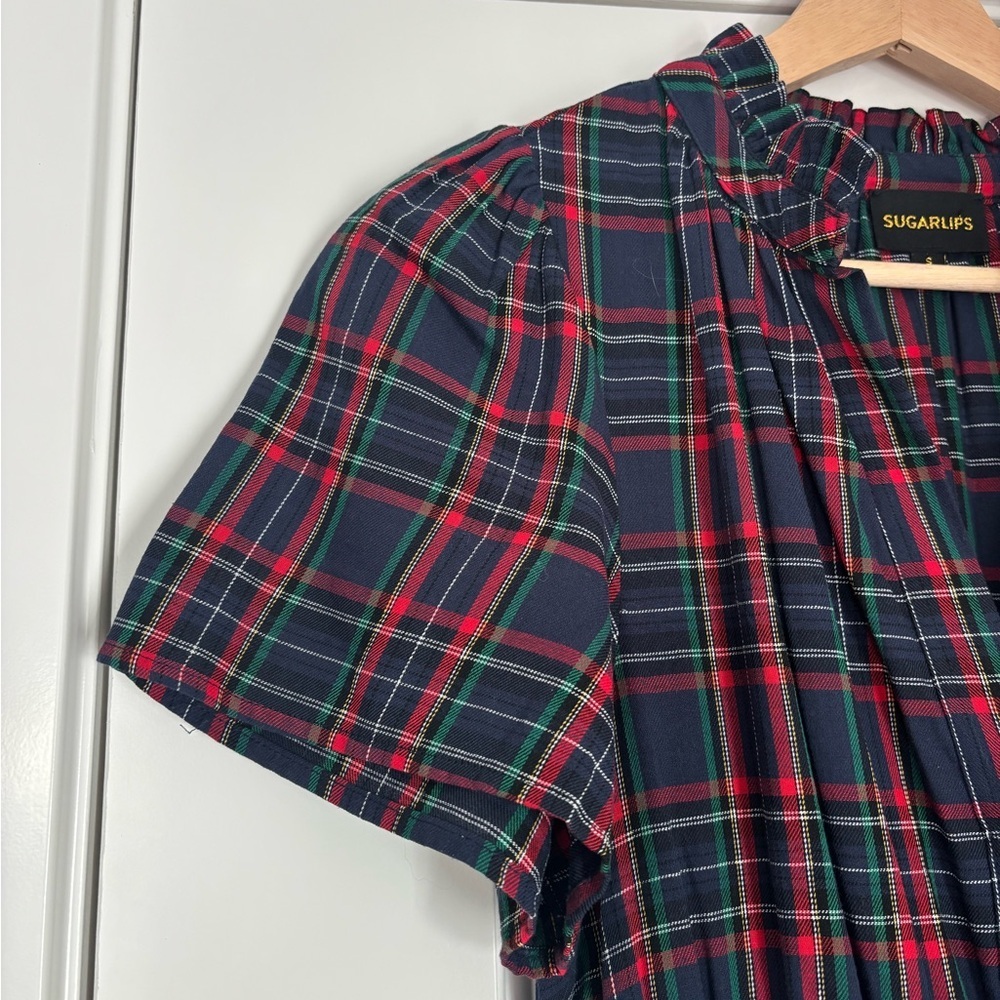 Sugarlips Miley Navy Tartan Plaid Palmer Puff Sleeve Tiered Maxi Dress Small - Picture 5 of 10